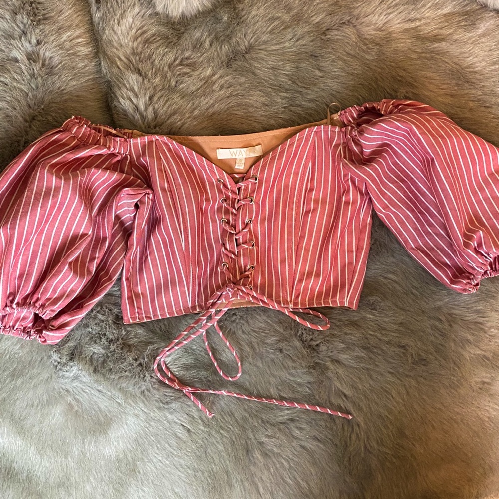 WAYF NWOT Frankie Bustier lace up crop red stripe - Picture 2 of 5